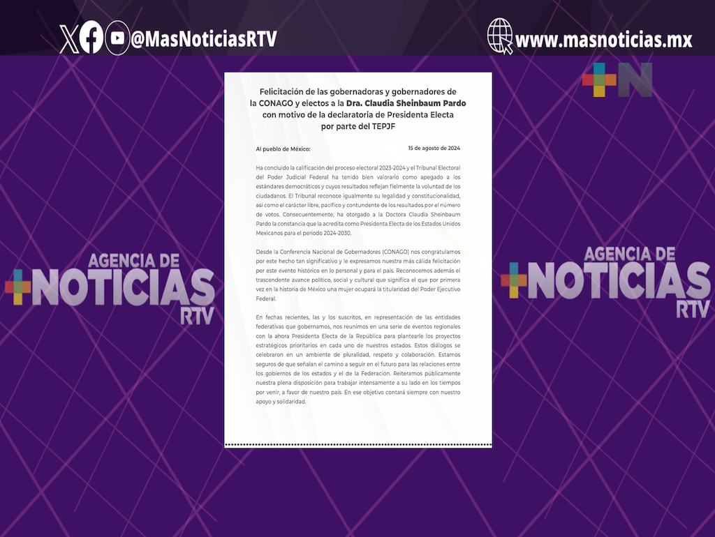 Gobernadoras, gobernadores y electos de Morena felicitan a Claudia Sheinbaum por ser declarada presidenta electa